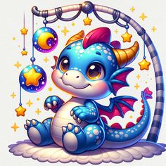 a cartoon blue dragon sitting on top of a cloud with stars and moon hanging from it's sides