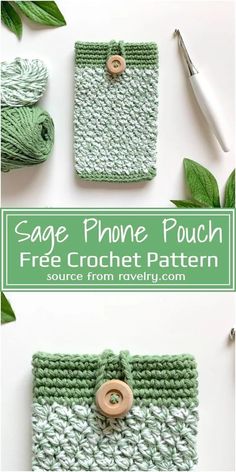 the crochet phone pouch is made with green yarn and has a button on it