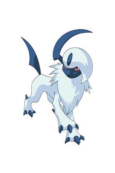 an image of a white pokemon with blue eyes and long, black horns on it's back legs