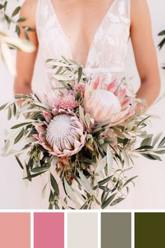 a bride holding a bouquet of flowers and greenery with color swatches in the background