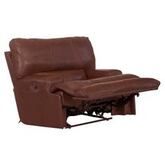 the reclining chair is brown leather and has an arm rest that can be folded over