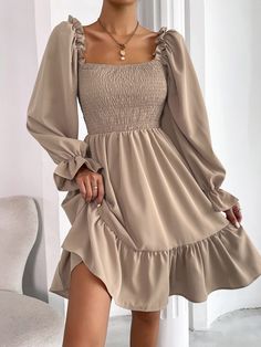 Square Neck Shirred Bodice Flounce Sleeve Ruffle Hem Dress Khaki Boho  Long Sleeve Fabric Plain A Line Non-Stretch Spring/Summer Women Clothing, size features are:Bust: ,Length: ,Sleeve Length: Cute Short Dresses, Short Dresses Casual, Ruffle Hem Dress, Flounce Sleeve, Inspired Outfits, Classy Dress