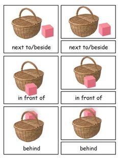 four baskets with different words in them, and one has a block of pink foam