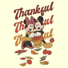 two mickey and minnie mouses hugging each other with the words,'thank through autumn '