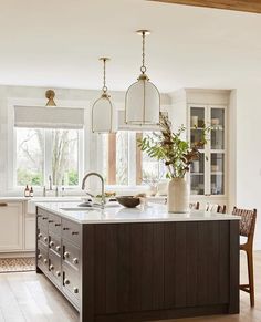 32 Beautiful Low Ceiling Small Kitchen Lighting Ideas Brass Cabinet Knobs, Armac Martin, Painted Kitchen Cabinets, Dark Wood Kitchens, Brass Cabinet Hardware, Wood Kitchen Island, Shaker Style Kitchens, Timeless Kitchen