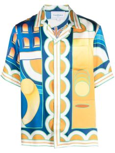 Paysage print shirt from CASABLANCA featuring multicolour, silk, illustration-style print, spread collar, front button placket, chest patch pocket and straight hem. Silk Shirt Men, Printed Letters, Hawaiian Beach, Short Sleeve Shirts, Beach Tops, Light Jacket, Silk Shirt, Casablanca, Print Shirt