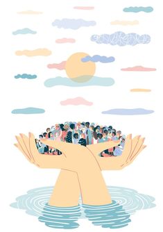 people are floating in the water with their hands out to each other and clouds above them