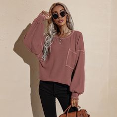 Women's Sweatshirt Crew Neck Bat Long Sleeve Loose Sweatshirt Trendy Crew Neck Blouse For Fall, Trendy Fall Crew Neck Blouse, Crew Neck Solid Color Blouse For Fall, Solid Color Crew Neck Blouse For Fall, Oversized Crew Neck Blouse For Fall, Trendy Long Sleeve Tops With Ribbed Cuffs, Relaxed Fit Crew Neck Blouse For Fall, Fall Crew Neck Blouse With Relaxed Fit, Long Sleeve Tops With Pockets For Loungewear