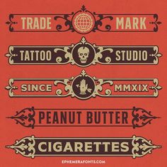 some type of tattoo font that is red and black with gold trimmings on it