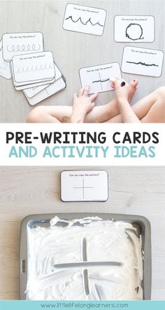 a cake with the words pre - writing cards and activity ideas on it