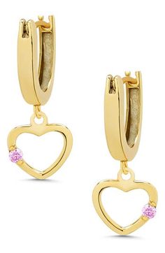 These huggie earrings featuring heart-shaped charms embellished by sparkling stones are sure to send your kid to the top of the fashion class. Adult supervision strongly recommended; jewelry presents choking hazard and should be removed when infant or small child is unattended Snap-post closure 0.7" drop; 7mm width Sterling silver/goldtone plate/cubic zirconia Imported Earrings In Gold, Huggie Earrings, Open Heart, Girls Jewelry, Keep Jewelry, Huggies Earrings, Heart Charm, The Fashion, Cubic Zirconia