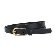 a black leather belt with gold buckles on the bottom and an oval metal ring at the end