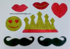 a set of paper cutouts with mustaches, hats and hearts