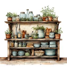 a shelf filled with lots of pots and pans on top of wooden shelves next to each other