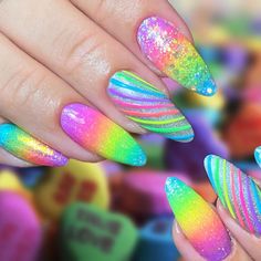 Bright Rainbow Nails, Lisa Frank Nail Designs, Lisa Frank Nails, Rainbow Stuff, Nail 2024, Neon Nail Designs