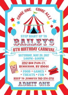 a circus birthday party poster with an image of a circus tent