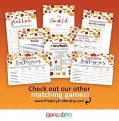 the thanksgiving word search game is shown with text that reads, check out our other matching games