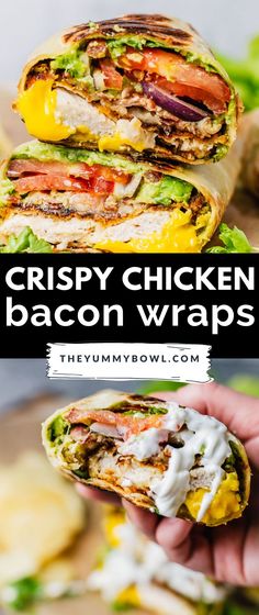 the crispy chicken bacon wraps are loaded with vegetables, meats and cheese on them