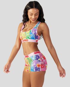 Don't miss this colorful new drop from Care Bears x PSD. The Rainbow Sports Bra is made from a silky poly blend with a comfortable full coverage, keep-you-in fit. | PSD Women's Care Bears - Rainbow Sports Bra, Size XL, Polyester/Blend Care Bear, Care Bears, Retro Prints, Story Ideas, The Rainbow, Sports Women, Bears, Sports Bra, Rainbow