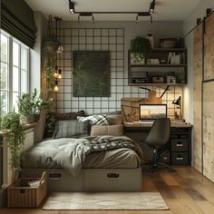 a bedroom with a bed, desk and shelves on the wall next to a window