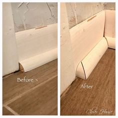 before and after pictures of a corner couch with wood flooring on the bottom half