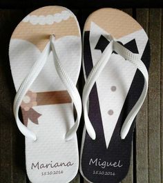 wedding flip flops with the bride and groom's names on them