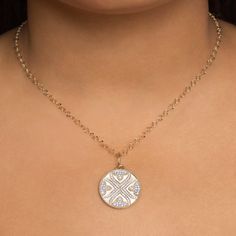 large-moroccan-pave-quatrefoil-disc-pendant-1 Yellow Gold Medallion Jewelry With Pave Setting, Yellow Gold Medallion With Pave Setting, Gold Medallion Jewelry With Pave Setting, Round Diamond Setting, Disc Pendant, Estate Jewelry, White Diamond, Round Diamonds, Diamond Necklace