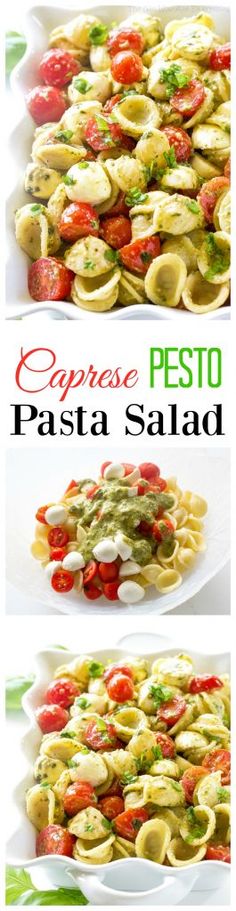 pasta salad with tomatoes and pesto on top