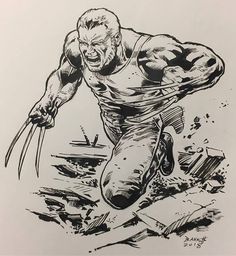 a black and white drawing of wolverine running with his claws spread out in the air