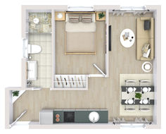 A beige 3D floor plan with one bedroom, a narrow bathroom, and a semi-open layout. Small House Design Floor Plan, Studio Apartment Floor Plans, 1 Bedroom House Plans, Interior Floor Plan, 1 Bedroom House, Little House Plans, Apartment Floor Plans