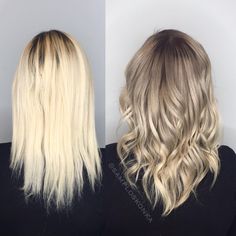 A perfect solution for an over processed blonde looking for a change! A reverse ombre. Melting down dark tones to blend into the already light ends. #ombre #balayage #platinumhair #color #haircolor #reverseombre #blonde #hair Reverse Balayage Before And After Blonde, Toning Down Blonde Hair, Dark Toner For Blonde Hair, Reverse Balayage Blonde, Reverse Balayage Before And After, Reverse Balayage Blonde To Brown, Grown Out Blonde Hair, Toner For Blonde Hair, Blonde Ideas