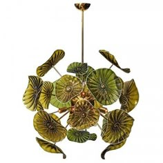 a chandelier with green leaves hanging from it's center point, on a white background