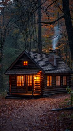 Cozy wooden cabin in forest with warm glow, smoke from chimney, fallen leaves, rustic retreat. Spooky Cabin, Pnw Vibes, Cabin Wallpaper, Wooden Lodges, Cabin Style Homes, Christmas Cabin, Cozy Log Cabin, Cabin Retreat, Wooden Cabin