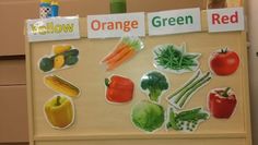 a refrigerator with magnets that say orange, green, red and yellow on it