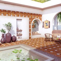 a living room filled with furniture and potted plants