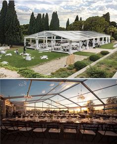 an outdoor venue with tables, chairs and chandeliers in the evening and at sunset