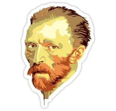 a sticker with an image of a man's face in yellow and red