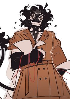 an anime character with black hair and goggles holding a paper in his hand while wearing a trench coat