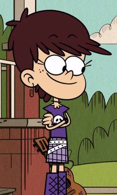 a cartoon character with glasses and a skull in her hand