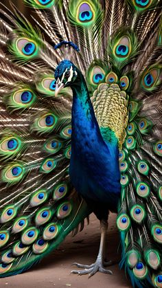 a peacock with its feathers spread out in front of it's body and tail