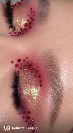 Red Glitter Makeup Looks, Persephone Makeup, Red Glitter Makeup, Rhinestone Makeup Looks, Vampire Bride, Rhinestone Makeup, Rave Makeup, Beauty Habits, Dope Makeup