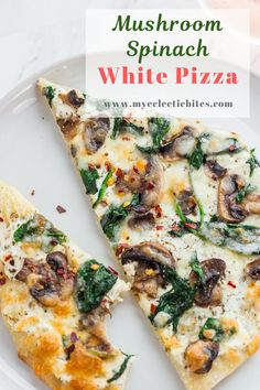 mushroom spinach white pizza on a plate