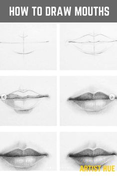 six different lips drawn in pencil with the same line on each side and one at the top