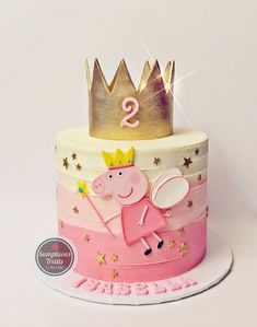 a pink and gold cake with a peppa pig on it's tiers