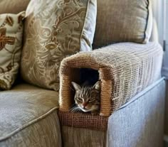 a cat is laying in a small bed on the couch