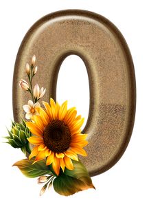 the letter o is decorated with sunflowers, leaves and flowers in front of it