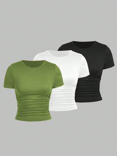 3pcs/Set Solid Color Crew Neck Fitted Pleated Cropped T-Shirts Multicolor Casual    Plain  Medium Stretch  Women Clothing, size features are:Bust: ,Length: ,Sleeve Length: Color Crew, Leg Sleeves, Dark Jeans, Vintage Casual, Kids Sleepwear, Inspiration Mode, Crop Tshirt, Kids Beachwear, Wide Leg Jeans