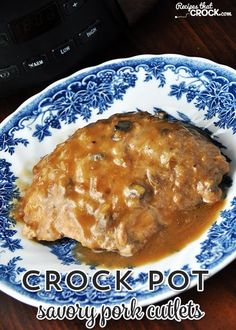 a blue and white plate topped with meat covered in gravy next to an instant pot pressure cooker