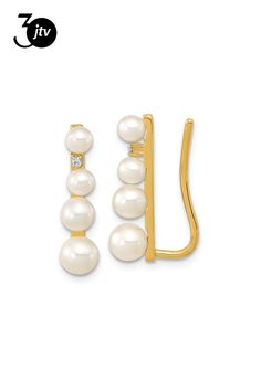 14K yellow gold 3-5mm white freshwater cultured pearl and 0.016 cttw diamond ear climber earrings. Measures approximately 3/4"L x 3/16"W and have threader closures. Prongs are enhanced with white rhodium. Ear Climber Earrings, Ear Climbers Earrings, Ear Climber, Ear Climbers, Climber Earrings, Fresh Water, Yellow Gold, Yellow, Gold