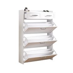 a white cabinet with drawers and shelves on it